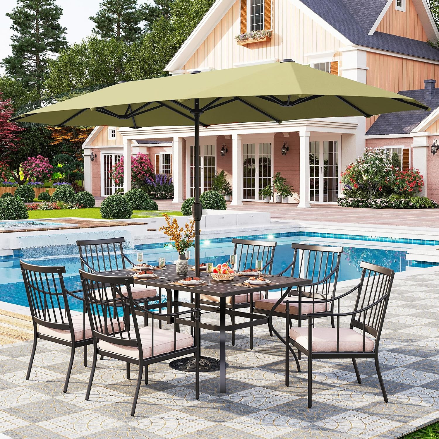 PHI VILLA Outdoor Dining Table for 6, 60' Long Rectangular Metal Wrought Iron Table with Umbrella Hole, All-Weather Large Furniture for Patio, Backyard, Porch