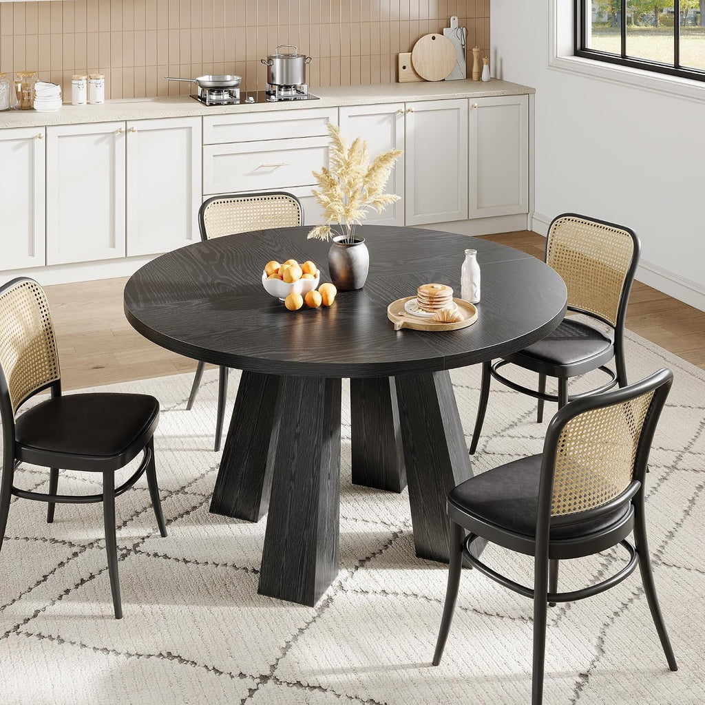 IDEALHOUSE 47' Round Dining Table for 4-6, Wood Kitchen Table with Sturdy Base, Farmhouse Circle Dinner Table for Dining Room, Living Room, 4 Strong Legs, Black