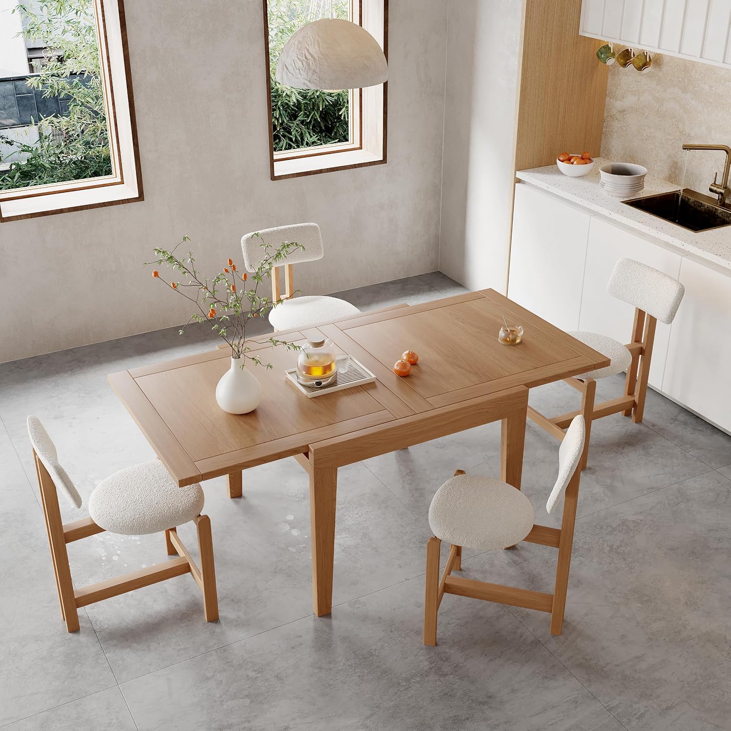 Acanva Rectangle Extendable Dining Table for 4-6 Person, Modern Kitchen Small Space Tables with Solid Wood Legs, Natural Oak