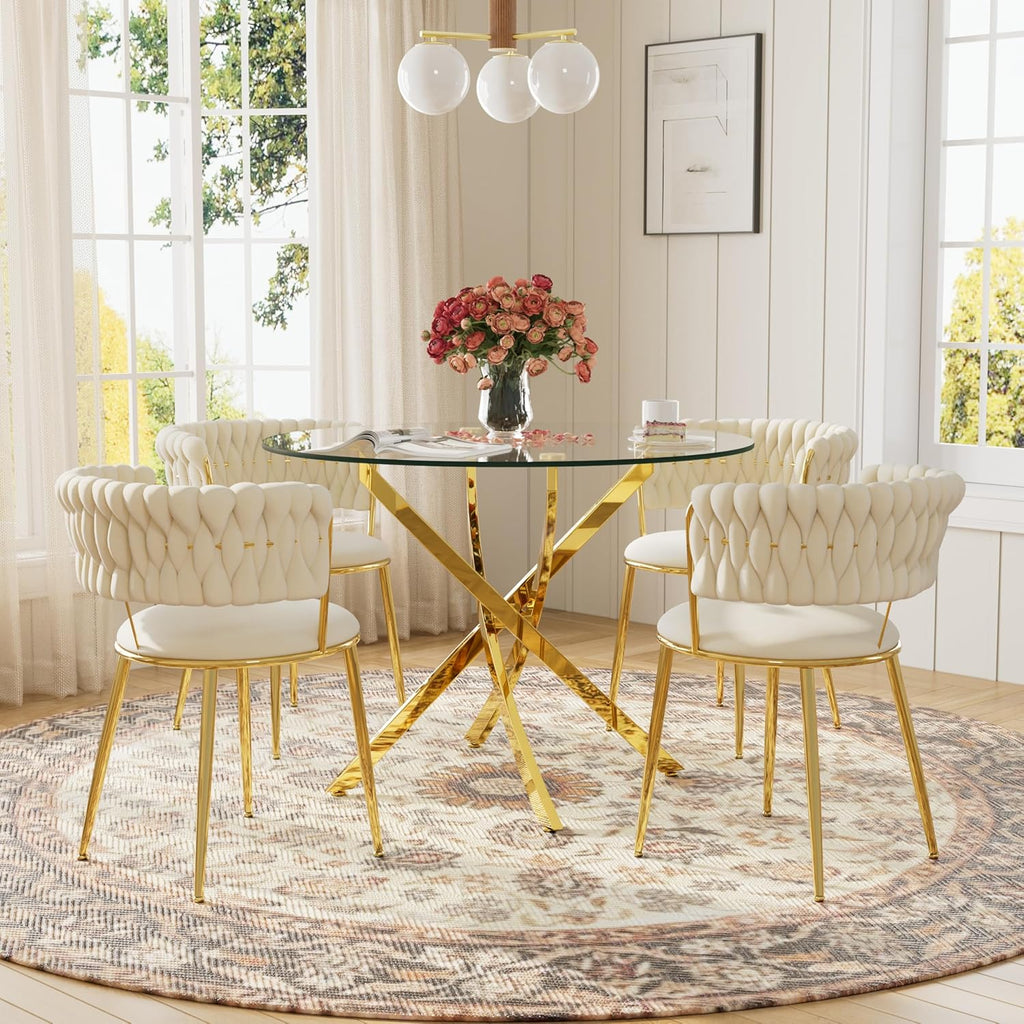 Round Glass Dining Table Set for 4, 36'' Small Circle Glass Kitchen Table with 4 Luxury Beige Gold Velvet Dining Chairs, 5-Piece Dining Room Table Set for Small Place(Gold Base)