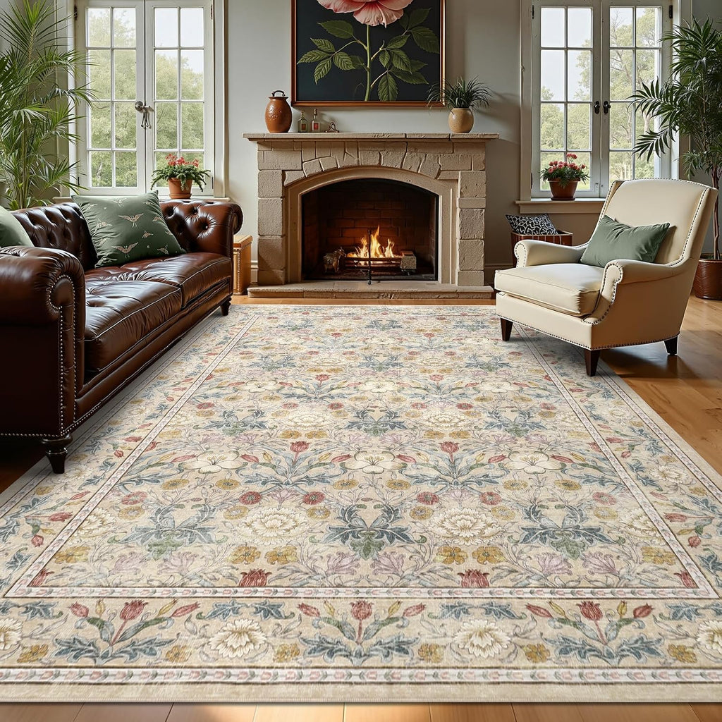GarveeHome Area Rugs 8x10 for Living Room, Beige Floral Large Washable Rug Soft Non Slip Carpet Indoor Thin Accent Rug for Bedroom Dining Room Playroom Nursery Home Decor