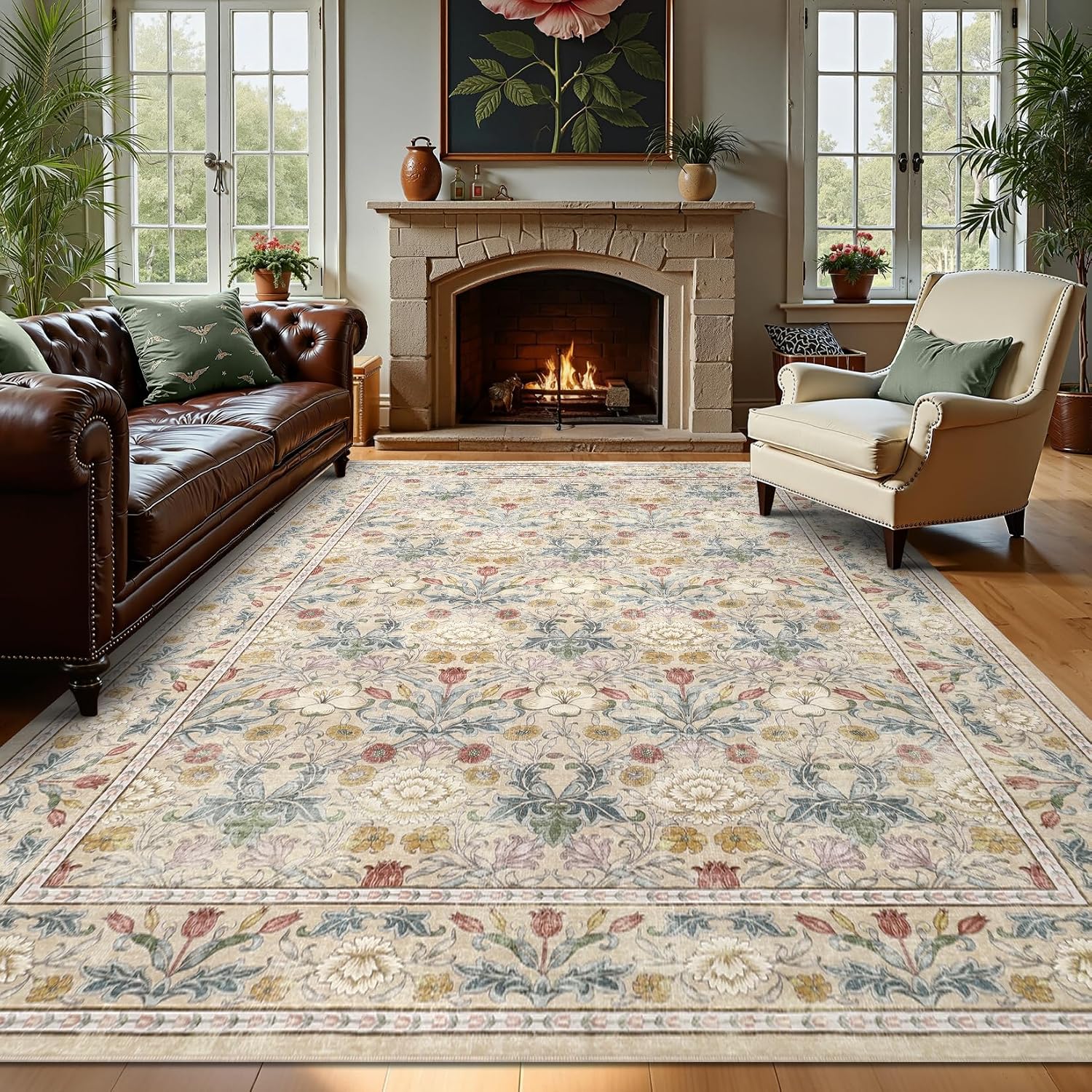 GarveeHome Area Rugs 8x10 for Living Room, Beige Floral Large Washable Rug Soft Non Slip Carpet Indoor Thin Accent Rug for Bedroom Dining Room Playroom Nursery Home Decor