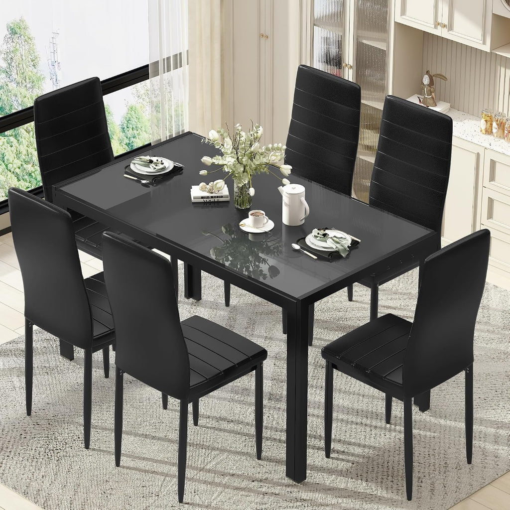 Recaceik 7 Piece Dining Table Set for 6, Tempered Glass Kitchen Table and PU Leather Chairs, Modern Dining Room Table Set for Small Space, Apartment