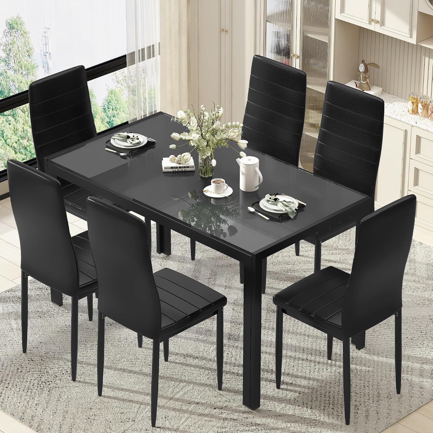 Recaceik 7 Piece Dining Table Set for 6, Tempered Glass Kitchen Table and PU Leather Chairs, Modern Dining Room Table Set for Small Space, Apartment