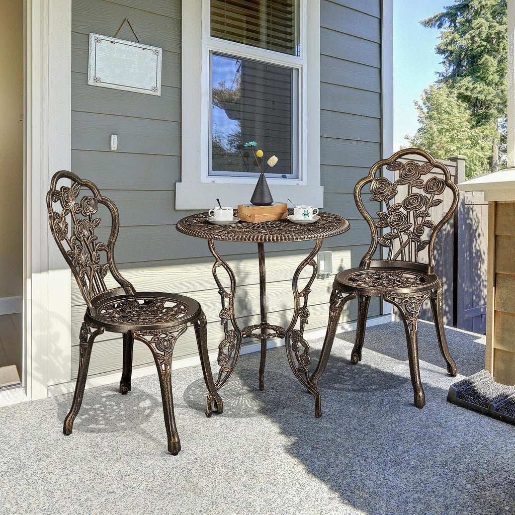 Yaheetech 3-Piece Outdoor Bistro Set w/Rose Design, Rust-Resistant Cast Aluminum Table and Chairs w/Umbrella Hole for Balcony Backyard Garden - Bronze