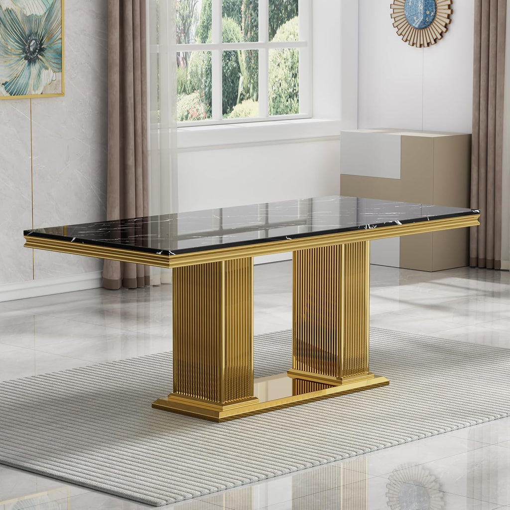 68' Black Marble Dining Table for 6 to 8, Luxury Large Rectangular Faux Marble Tabletop & Gold Double Pedestal Base, Mid Century Modern Kitchen Dining Room Table for Dinner Family Gathering
