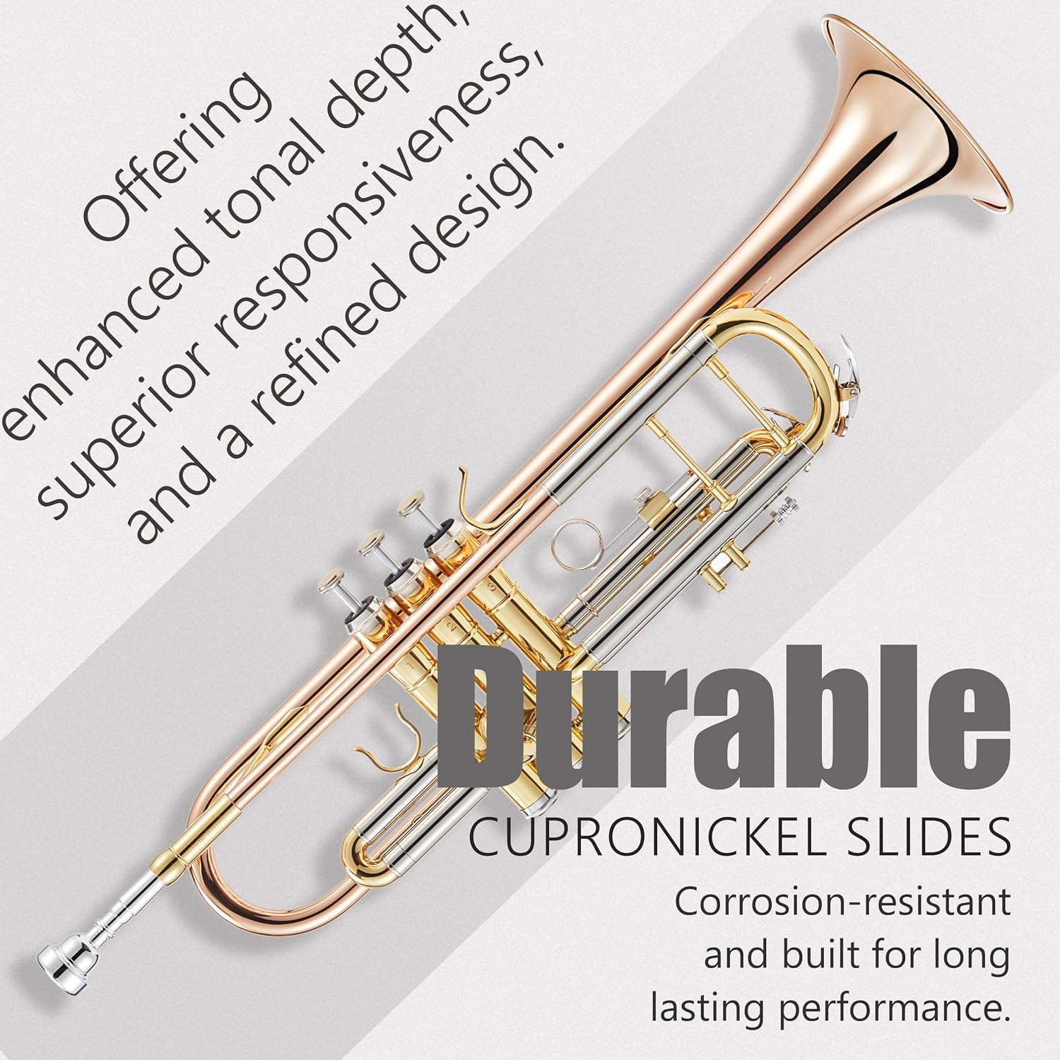 AKLOT Tri-Metallic Artistry Bb Trumpet: Phosphor Bronze Bell, Smooth Monel Valves, Double-Bar Support System, Includes Premium Leather Case, Lesson Book, 7C Mouthpiece, Mute, Cleaning Kit (SNR-PriFTG)