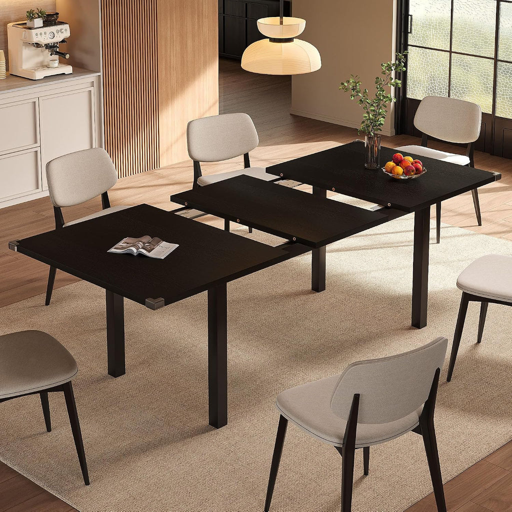 Einhomn Modern Extendable Dining Table for 4-6, 63' Farmhouse Kitchen Table, Rectangular Dining Room Tables for Dining, Kitchen, Office, Living Room, Wooden Tables, Space Saving (Black)