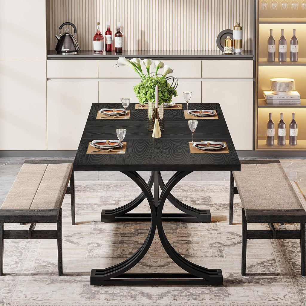 Tribesigns 63-Inch Rectangular Dining Table for 4 to 6, Modern Kitchen Tables with Stylish Metal Trestle Legs, Large Dinner Table for Dining Room, Only Table (Black)