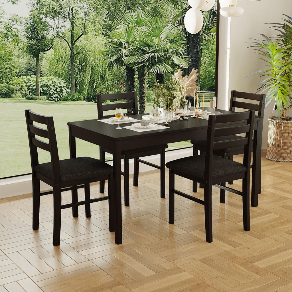 5-Piece Solid Wood Indoor Modern Rectangular Dining Table Set for 4,Table and 4 Chairs Set with Soft Cushions for Kitchen,Bar,Living Room,Breakfast Nook,Black