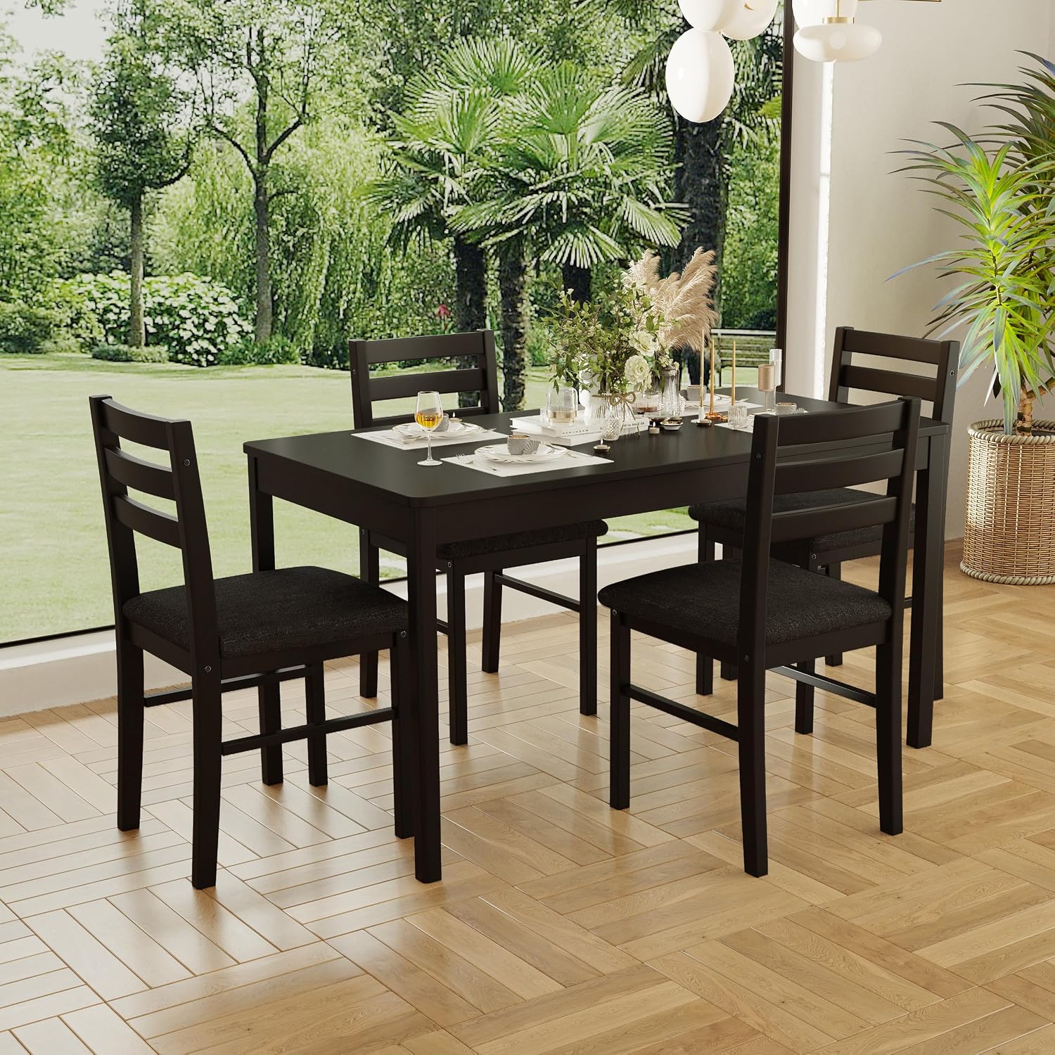 5-Piece Solid Wood Indoor Modern Rectangular Dining Table Set for 4,Table and 4 Chairs Set with Soft Cushions for Kitchen,Bar,Living Room,Breakfast Nook,Black