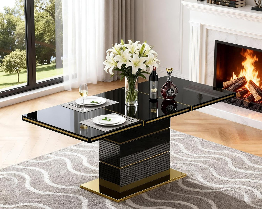 70 inch Black Dining Table for 4-6 People, Modern Kitchen Table with High Gloss Finish, Gold Stainless Steel Trims & Sturdy Pedestal Base, Luxury Dining Room Table for Dinner Party Family Gatherings