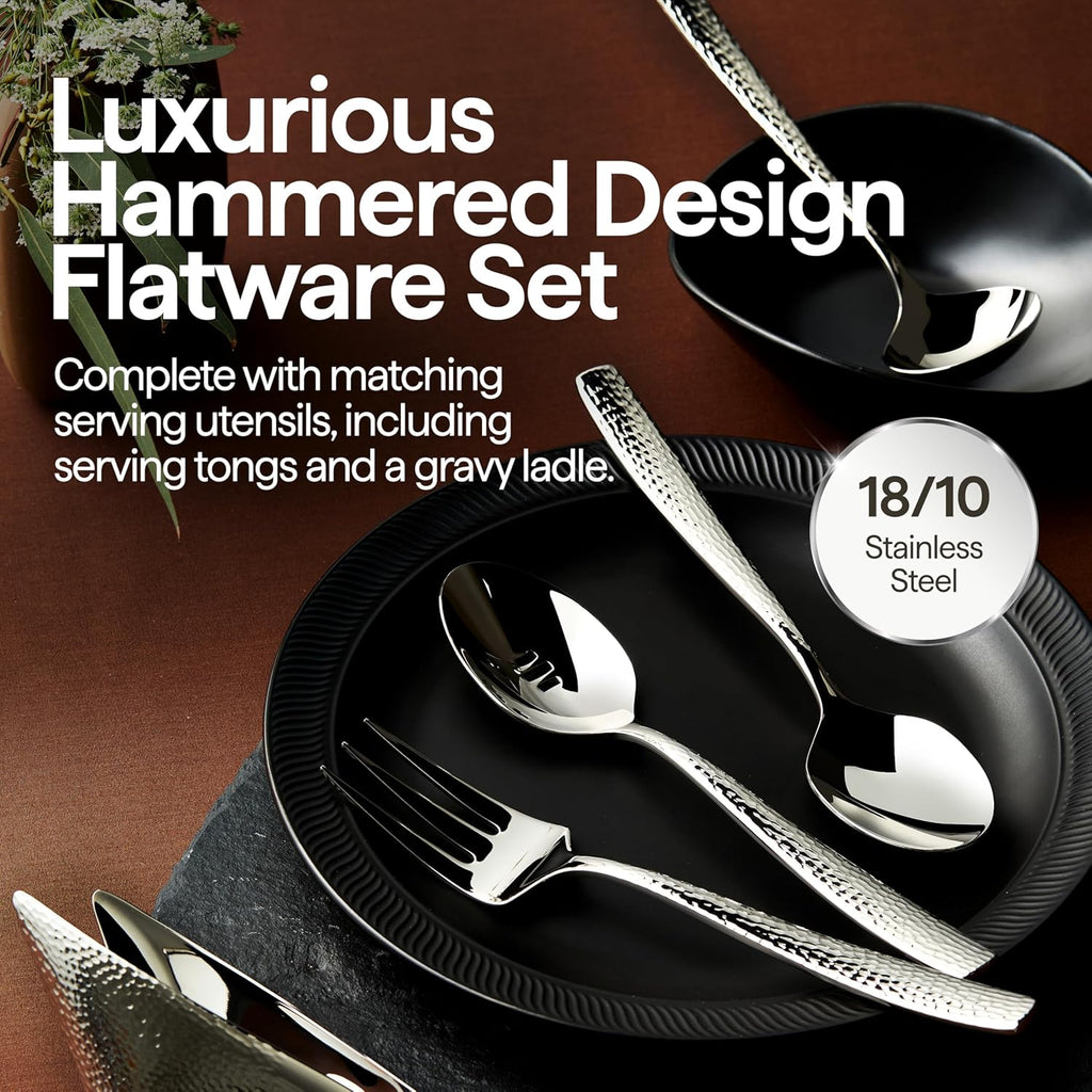Luciella Ponza Flatware Set for 12, 65-Piece Stainless Steel Silverware Set with Serving Utensils, Timeless Hammered Design, Rust-Resistant, Mirror Polished & Dishwasher Safe, House Warming Gifts