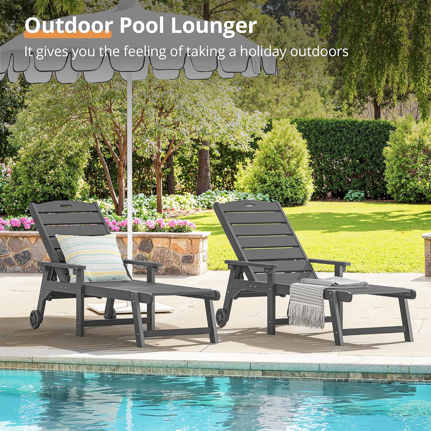 LUE BONA Chaise Lounge Chair with Table, 3-Piece, HDPS Chaise Lounger, 5 Positions Adjustable Lounge Chairs, Pool Lounge Chair with Wheels for Poolside, Backyard, Dark Gray