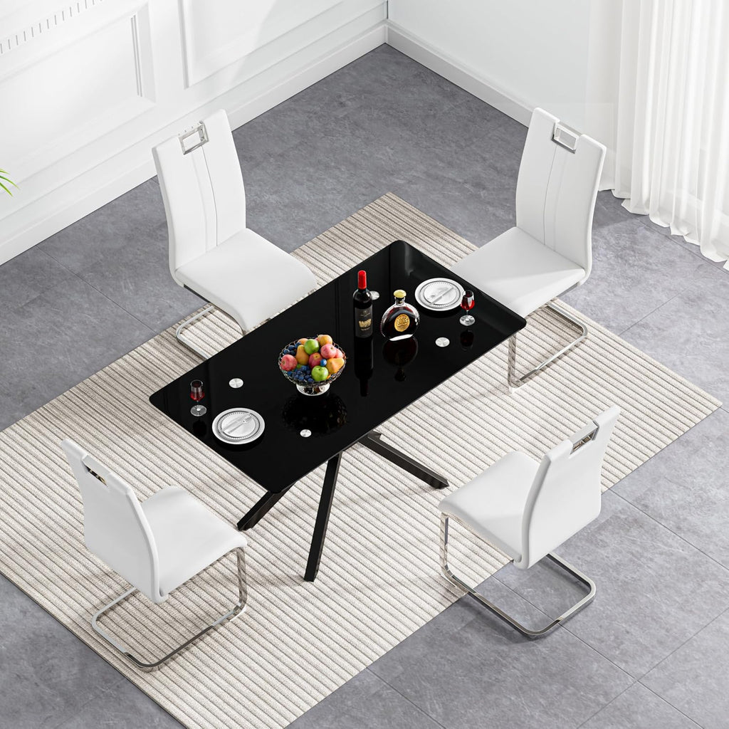 47.2' Black Glass Dining Table, Modern Kitchen Table for 4 People, Contemporary Rectangular Dining Room Dinner Tables with Black Glass Top & Black Metal X Legs for Kitchen Apartment