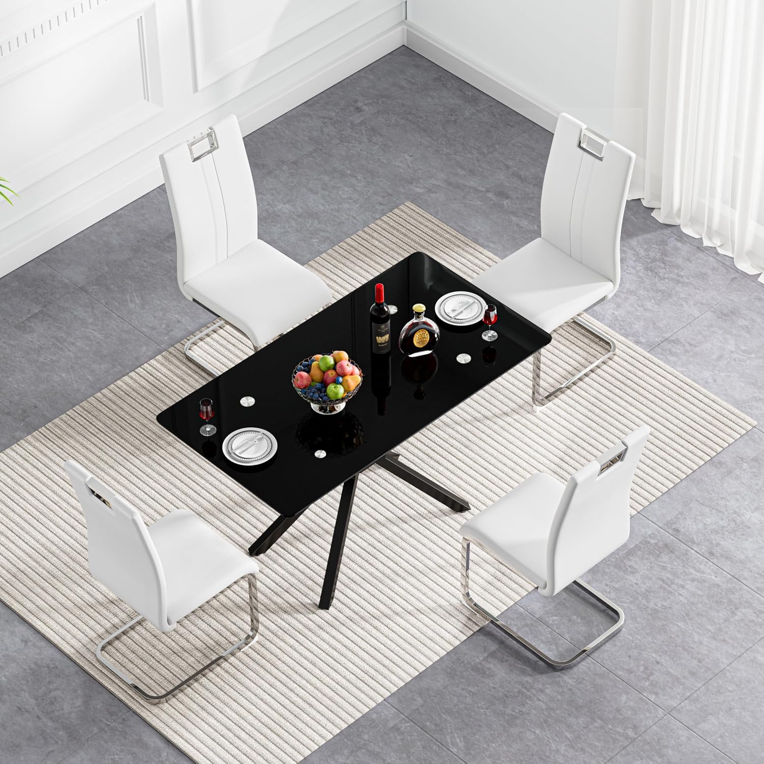 47.2' Black Glass Dining Table, Modern Kitchen Table for 4 People, Contemporary Rectangular Dining Room Dinner Tables with Black Glass Top & Black Metal X Legs for Kitchen Apartment