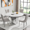 5 Pieces 47'-63' White Faux Marble Extendable Dining Table Set, Round Expanding Kitchen and Dining Room Table Set for 4 with Mirrored Acrylic Base & Beige Velvet Upholstered Chairs