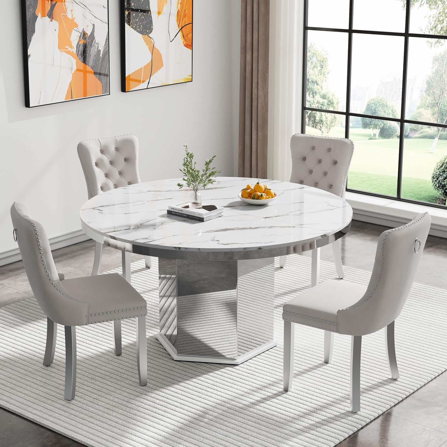 5 Pieces 47'-63' White Faux Marble Extendable Dining Table Set, Round Expanding Kitchen and Dining Room Table Set for 4 with Mirrored Acrylic Base & Beige Velvet Upholstered Chairs