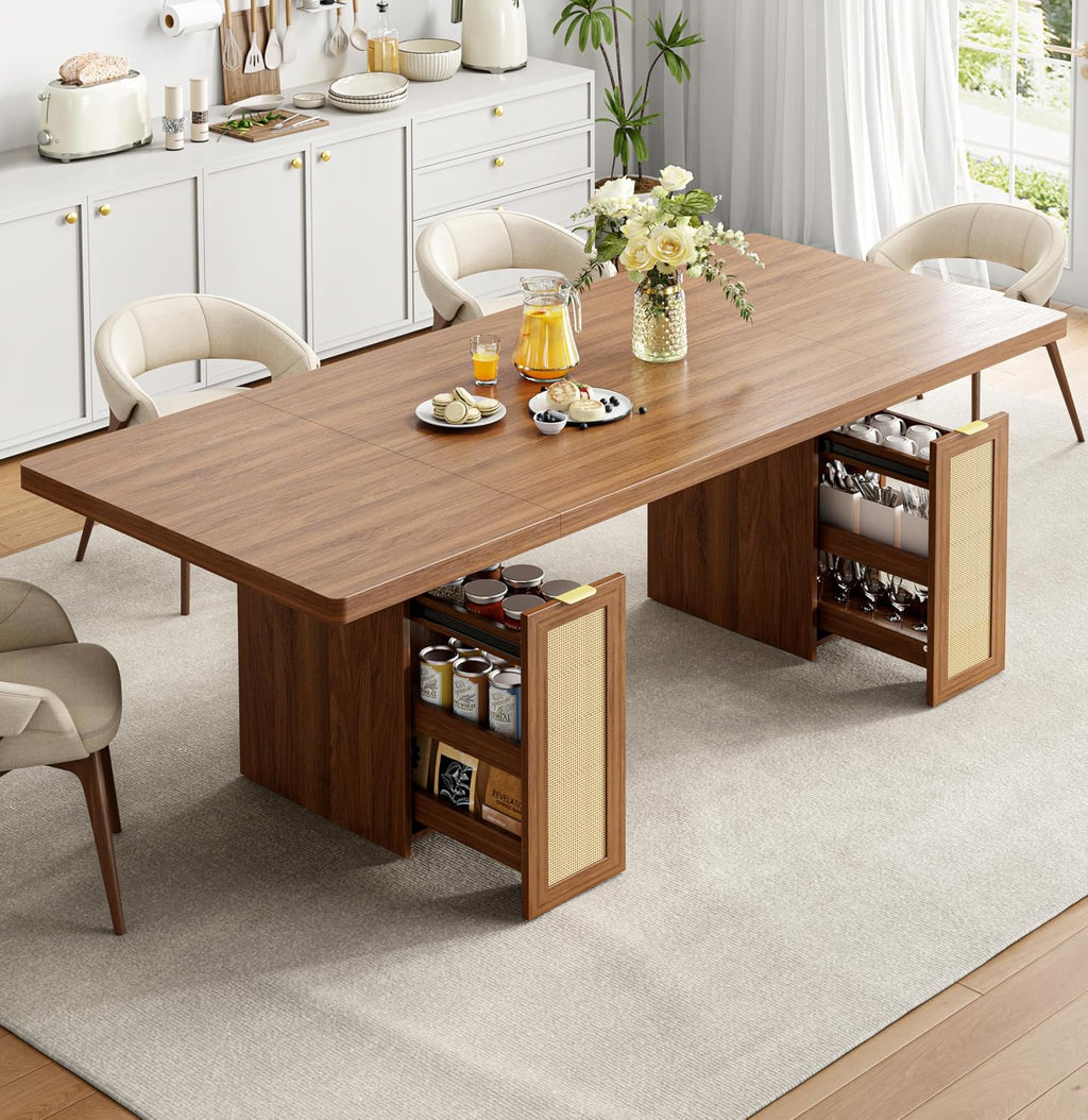 LIKIMIO 78.7' Farmhouse Dining Table for 6-8 People, Extra Thick Wood Top with 2 Hidden Adjustable Storage Drawers, Modern Woven Rattan Table for Dining Room, Kitchen, Living Room, Vintage Brown