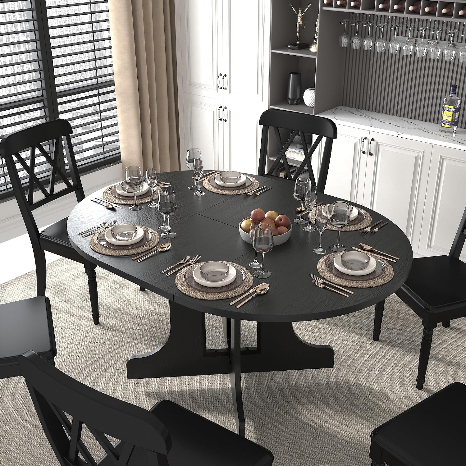 59.06' Dining Table for Farmhouse Kitchen Expandable Oval Table Top with Removable Leaf Trestle X Shaped Base,Black