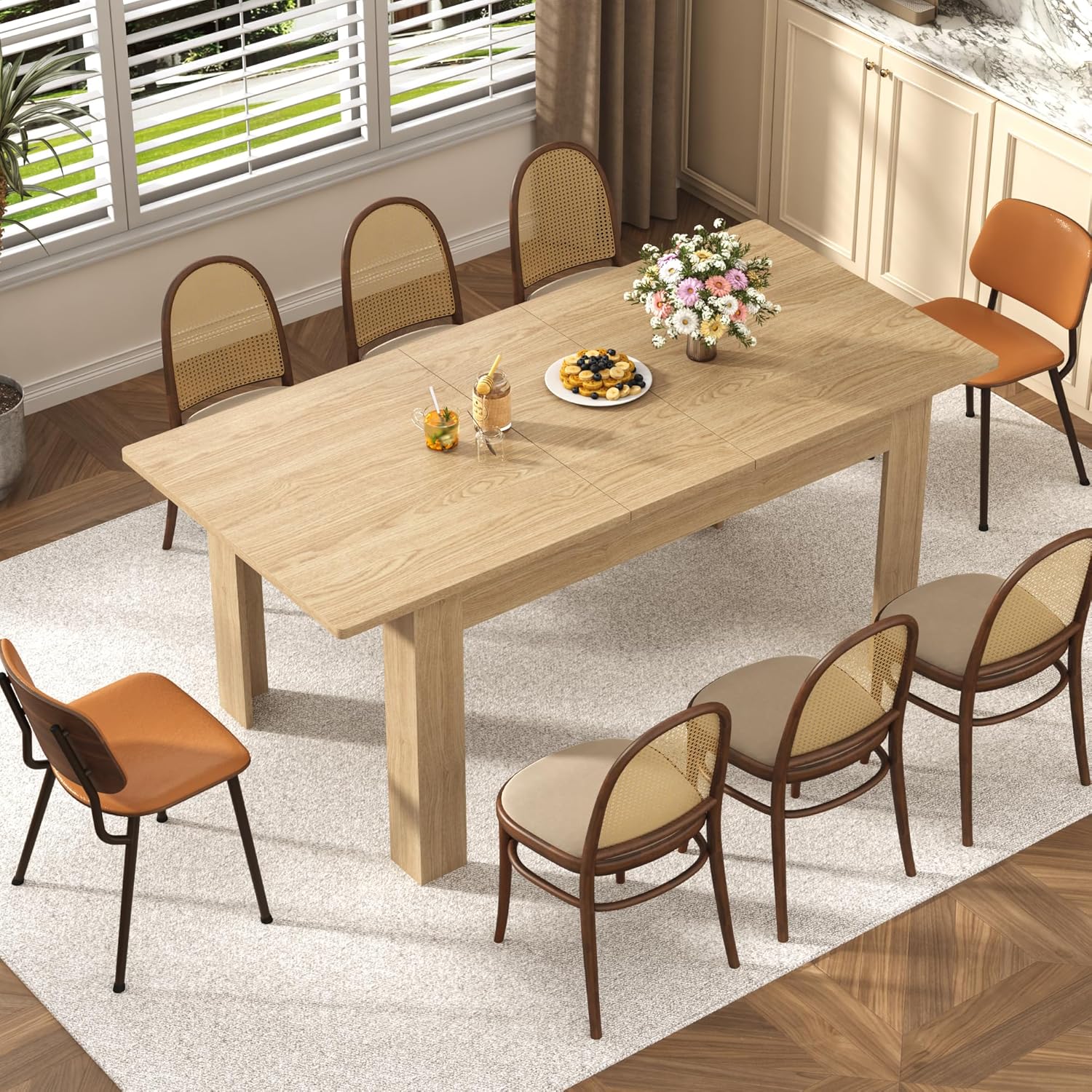 jiteentarou Extendable Dining Table for 6-10 People from 59in to 86in, 86inch Long Expandable Tables for Small Spaces, Wooden Adjustable Tables for Dining Room, Kitchen, Living Room, Oak