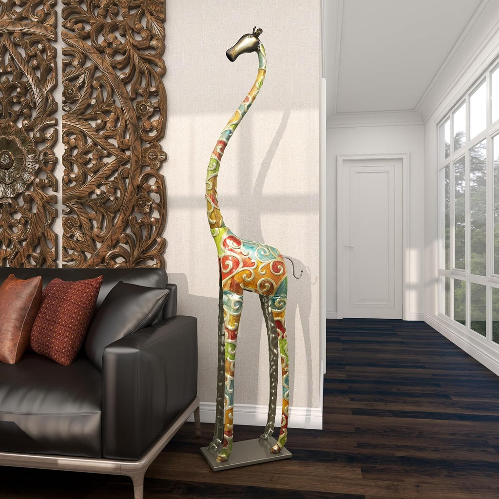 Deco 79 Metal Giraffe Decorative Sculpture Indoor Outdoor Tall Home Decor Statue with Detailed Embossed Scrollwork, Accent Figurine 17' x 7' x 73', Multi Colored