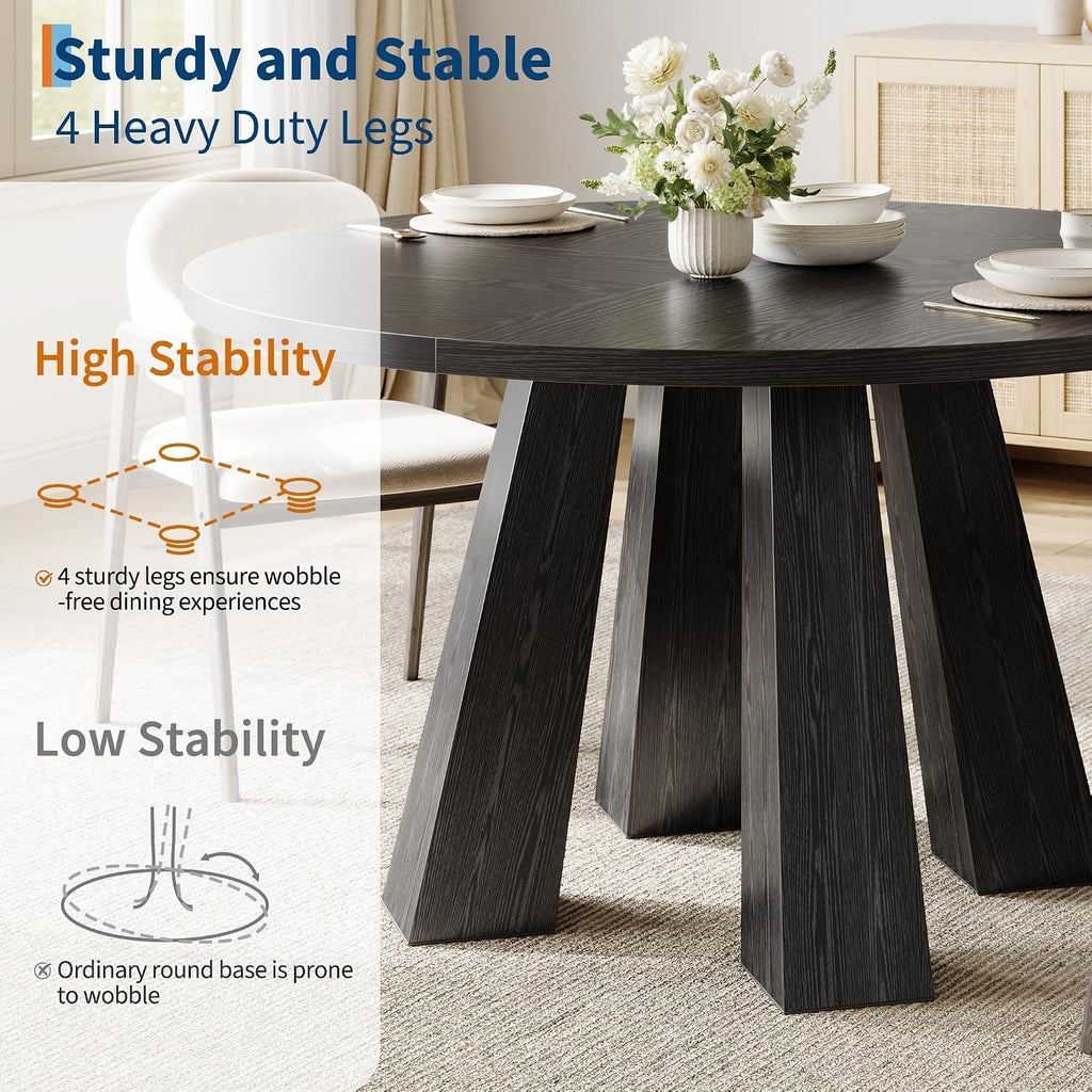 IDEALHOUSE 47' Round Dining Table for 4-6, Wood Kitchen Table with Sturdy Base, Farmhouse Circle Dinner Table for Dining Room, Living Room, 4 Strong Legs, Black