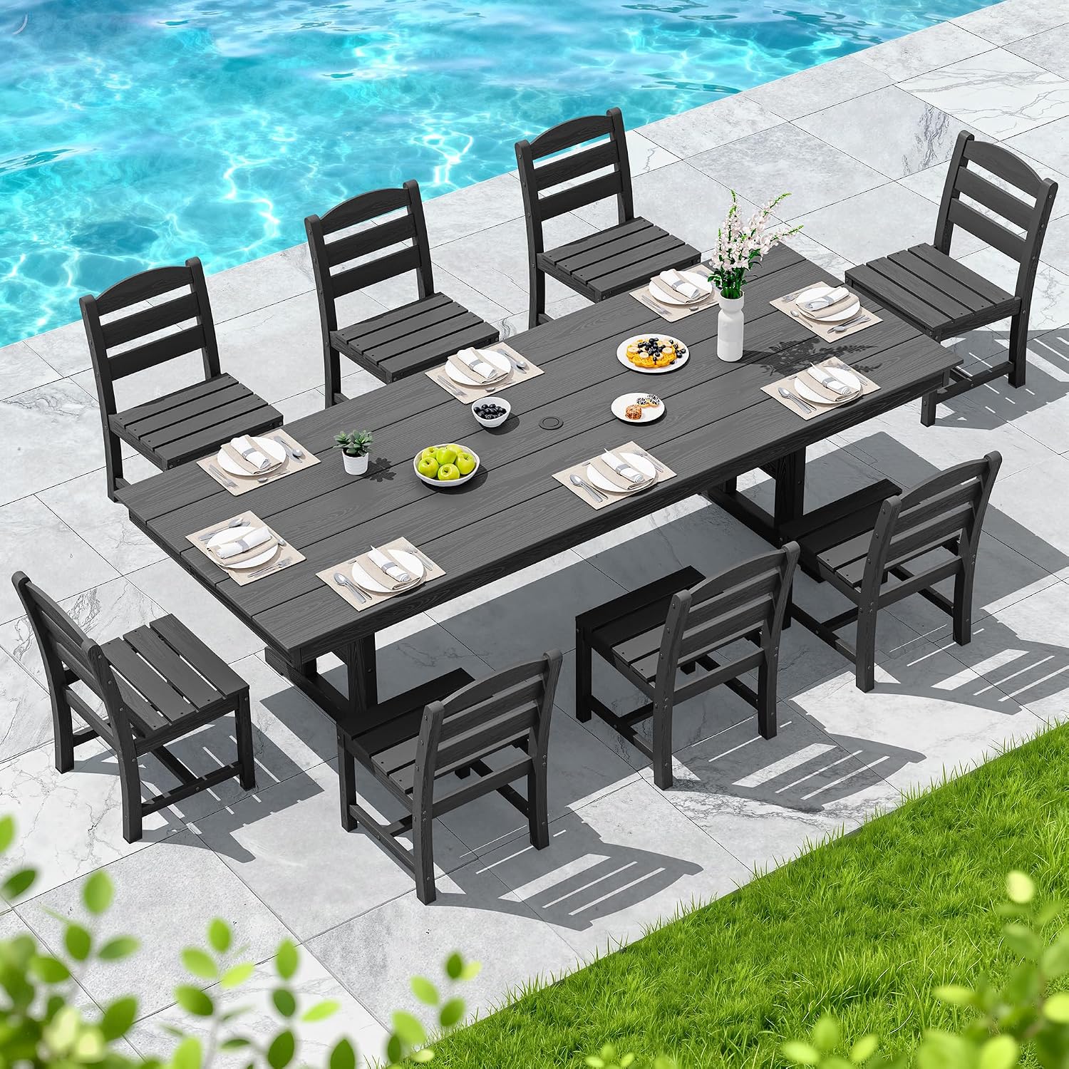 SERWALL Outdoor Armless Dining Chairs Set of 2, All-Weather HDPE Patio Chair with 19.7' Widened Seat, for Backyard, Garden, Black