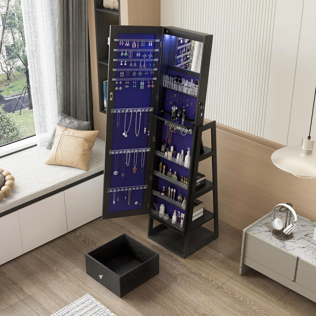 65' 360° Swivel Freestanding Storage Chest, Jewelry Cabinets with Interior Light, Utility Organizer with Lock for Home, Black
