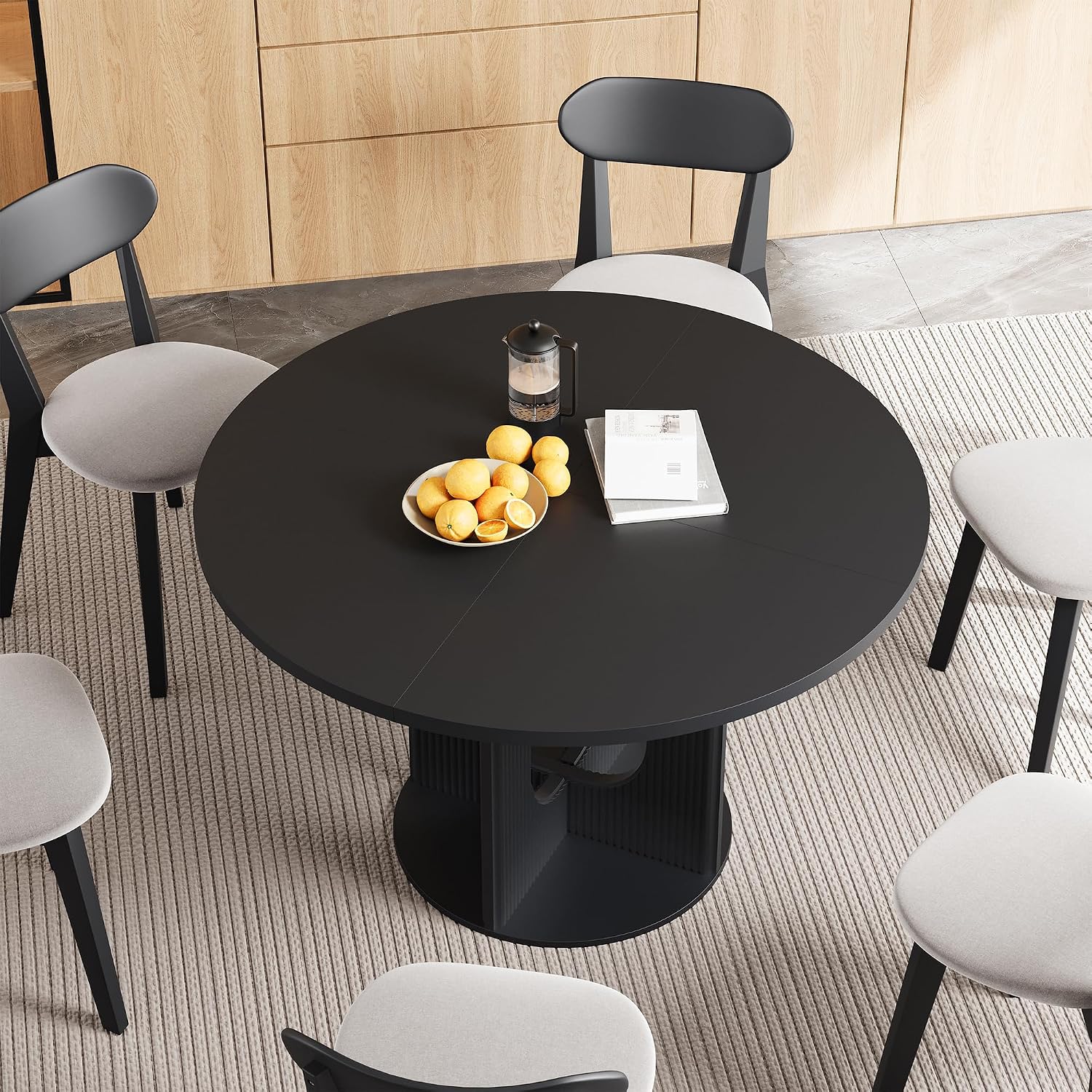weselon Farmhouse Round Fluted Dining Table for 4, 47 Inch Circle Kitchen Table with Wooden Pedestal Base, Dinner Tables for Home Living Room Kitchen (Black)