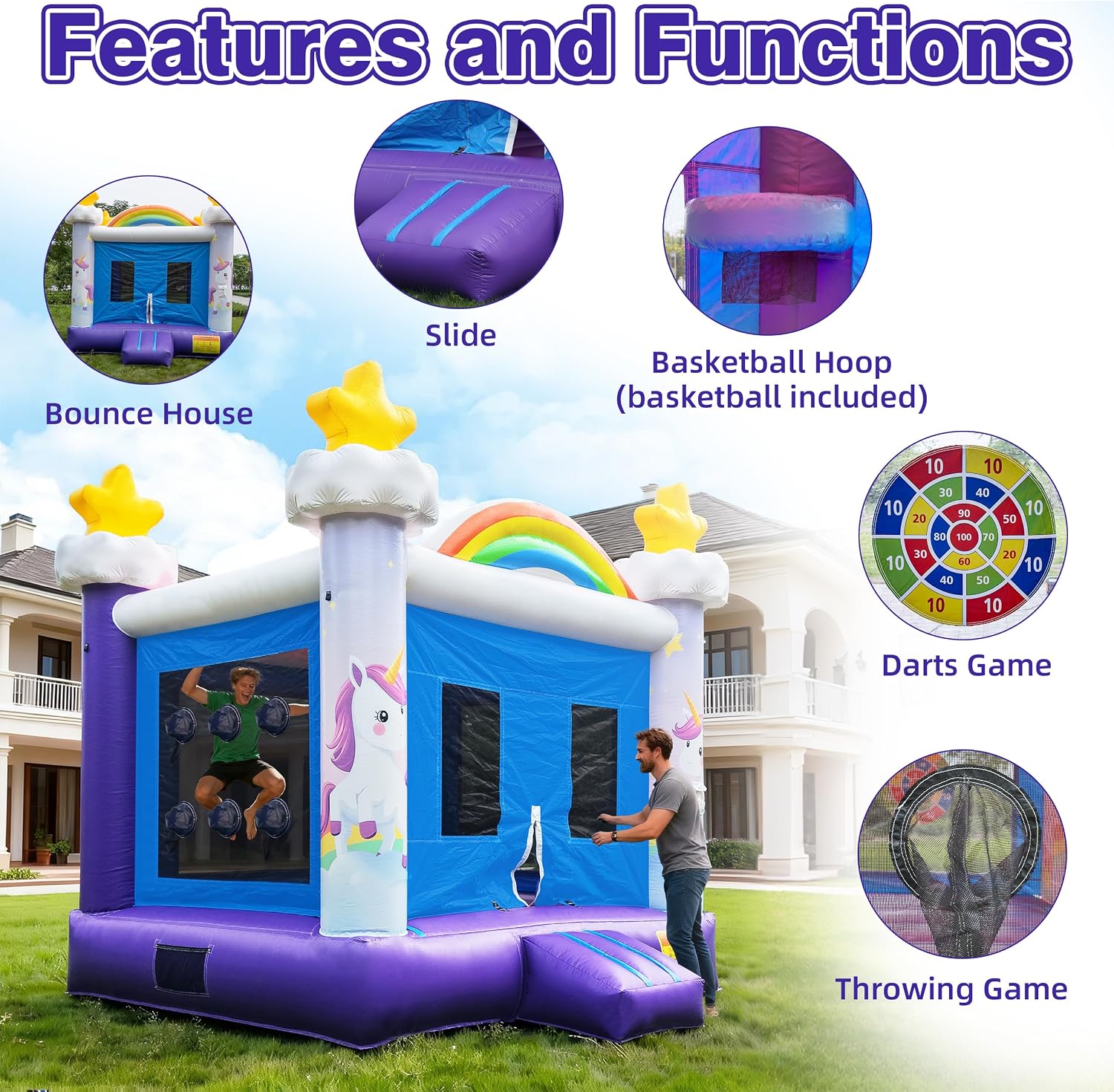 Inflatable Commercial Grade Bounce House: 13FT(L) Large Bouncy Castle for Adults and Teenagers- 750W Blower, Basketball Hoop, Premium PVC, Rainbow Style - for Backyard Outdoor Indoor