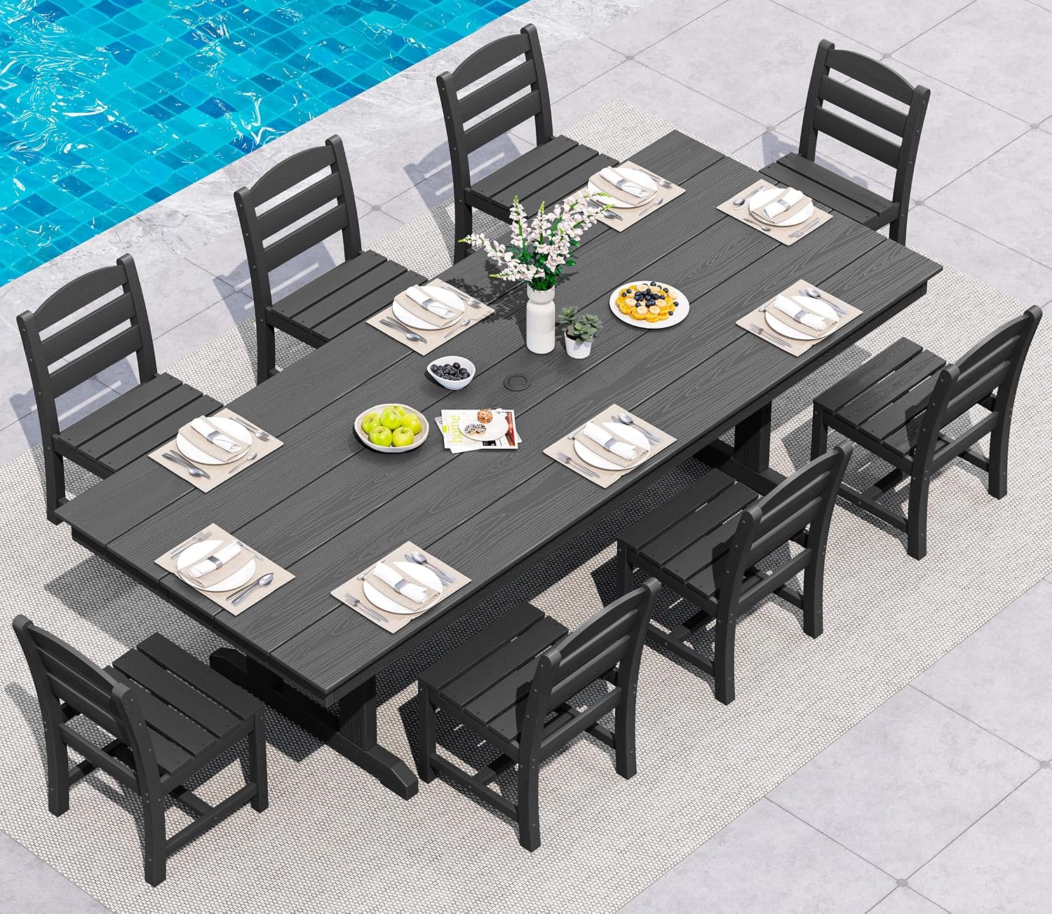 SERWALL 9 Piece Outdoor Dining Set, 84' HDPE Outdoor Table and Armless Chairs Set for 8，All Weather Patio Furniture Set with Umbrella Hole for Backyard, Garden, Black