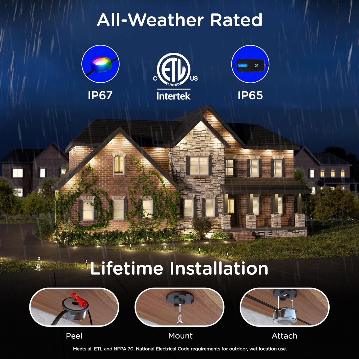 Enbrighten Eternity Accent Permanent Outdoor Lights, 50ft with 12 RGBWIC LED Lights, App‑Controlled, Cuttable, Christmas, Accent & Year‑Round Eave Lighting, Compatible with Alexa & Google Home, 85710