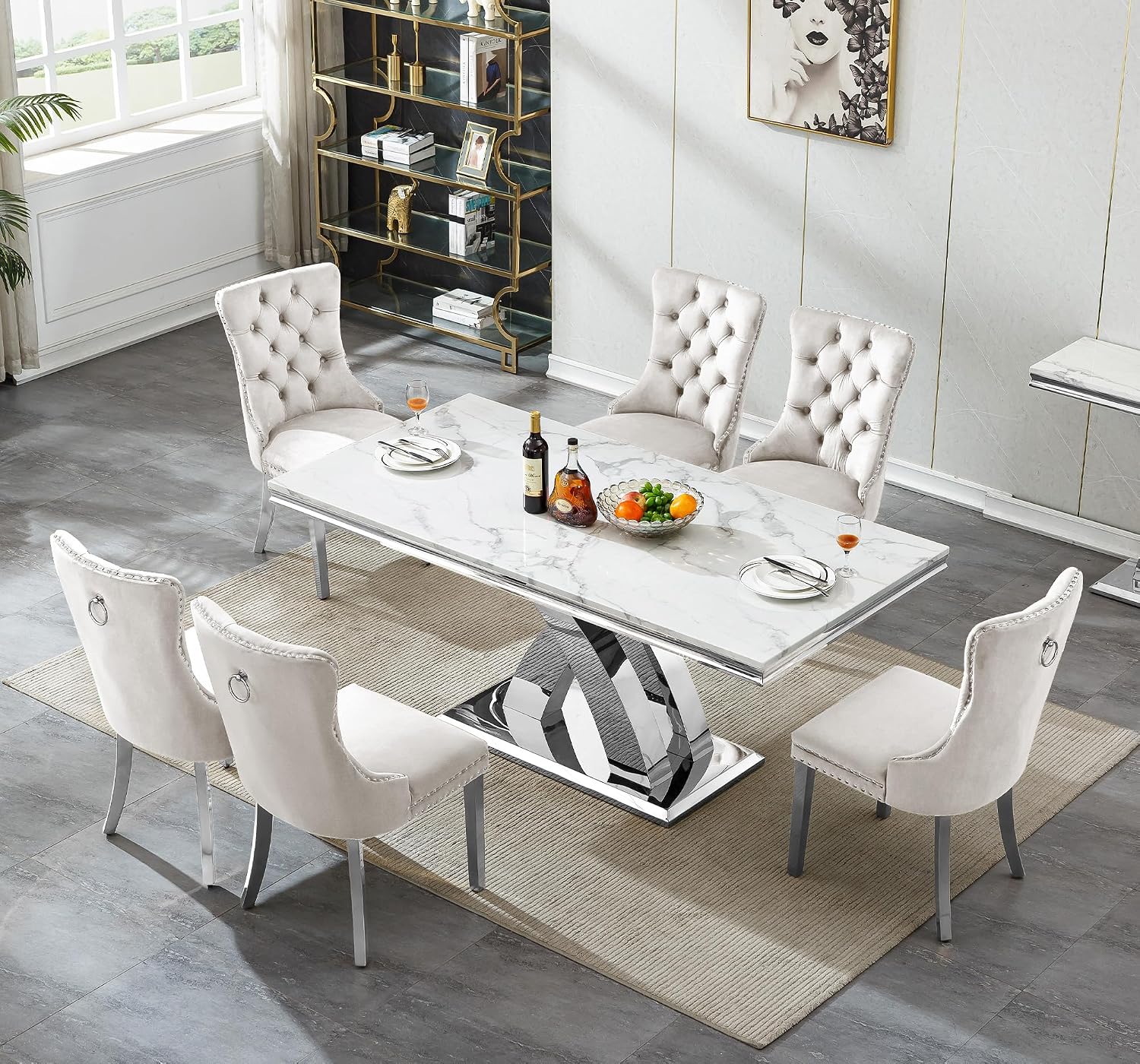 68' Luxury Rectangular Marble Dining Table for 4 to 6, White Faux Marble Kitchen Table with Silver X Shape Stainless Steel Pedestal, Modern Kitchen Dining Room Table for Breakfast Dinette Dinner Party