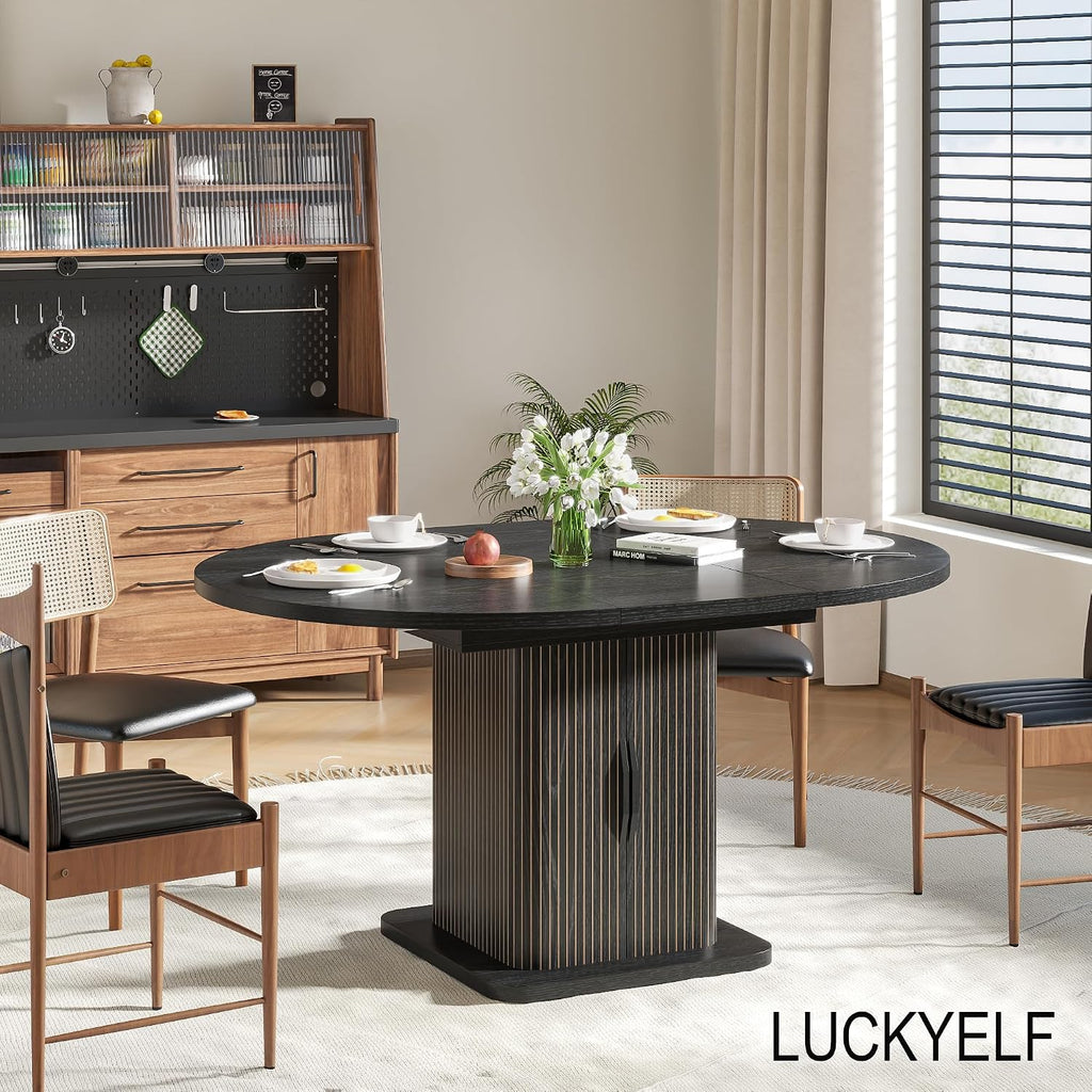 Extendable Black Round Dining Table for 4-6-8, 59 Inch Kitchen Dining Room Table with Storage, Modern Oval Circle Dinner Furniture, Fluted Wood Slide Door, for Home, Living Room, Farmhouse, Black