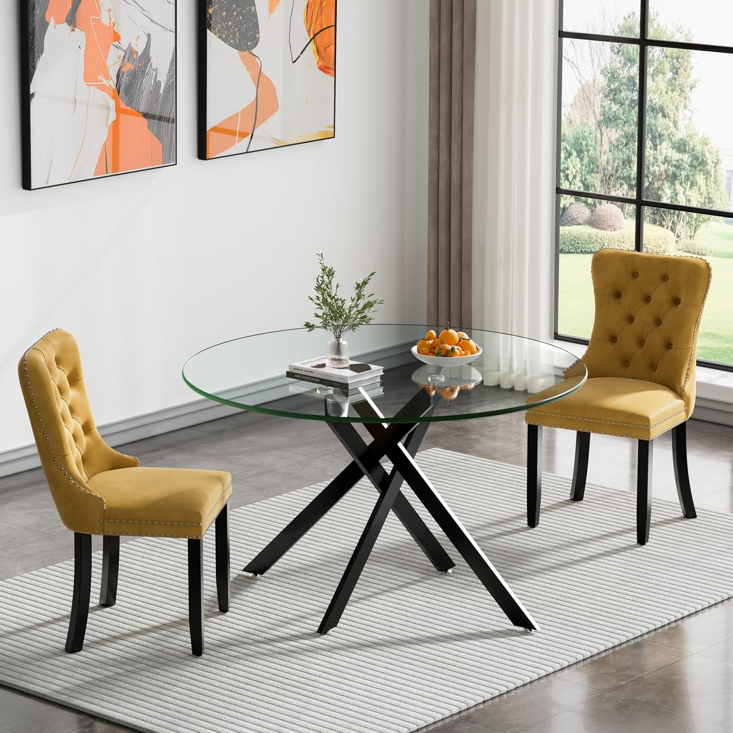 HomVent 3 Piece Round Glass Dining Table Set, Tempered Glass Dinner Table Set for 2 Kitchen Table Set with 2 Velvet Upholstered Chairs for Kitchen Dining Room
