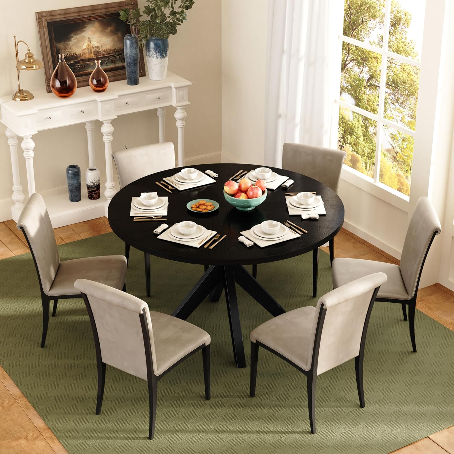 Solid Wood Round Dining Table for 4-6, Wooden Intersecting Pedestal Base, Rustic Round Dining Room Table for Home Dining Room, Kitchen, Living Room