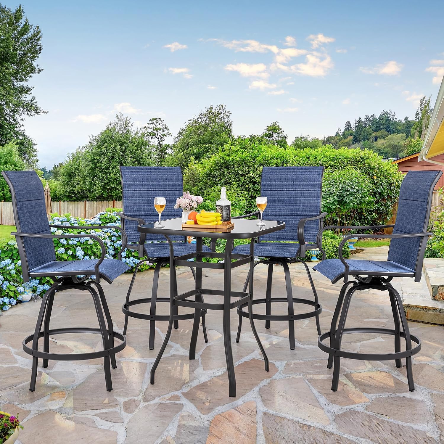 Shintenchi 5 Piece Patio Swivel Bar Stools Set, Outdoor Patio Bar Table and Chairs Set, All Weather Bar Height Chairs Set of 4, High Top Bistro Set Furniture for Balcony, Backyard, Padded Deep Blue