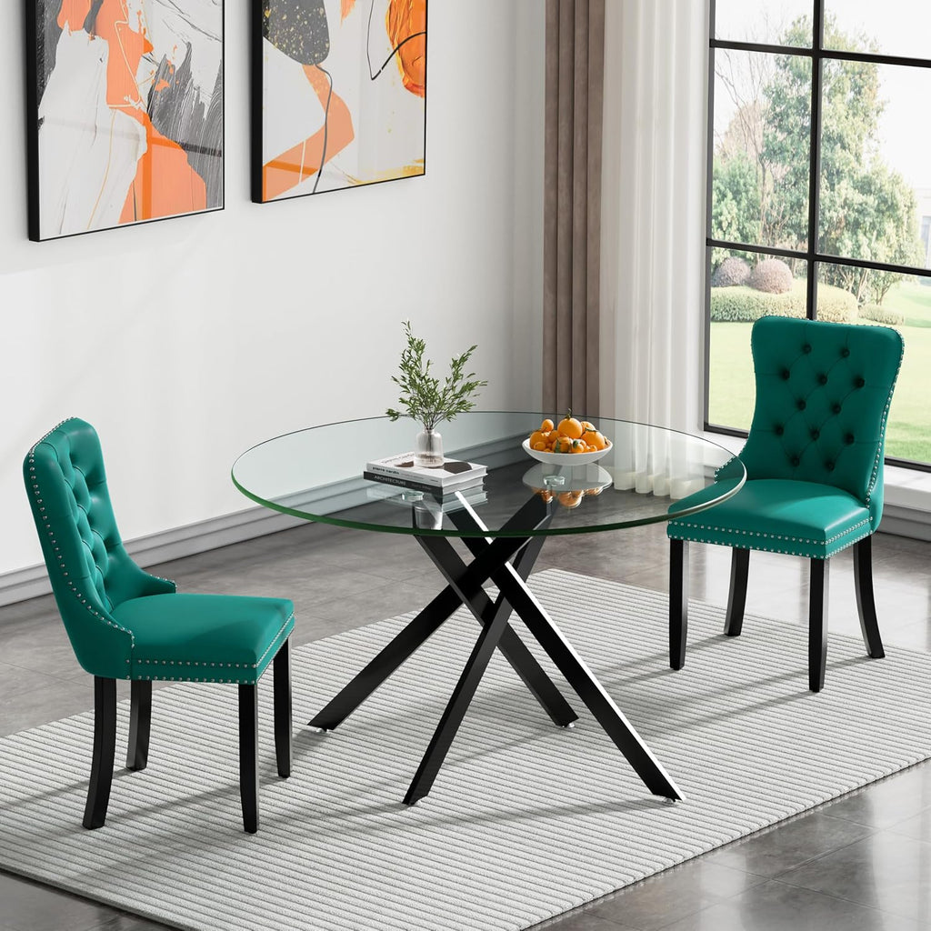 HomVent 3 Piece Round Glass Dining Table Set, Tempered Glass Dinner Table Set for 2 Kitchen Table Set with 2 Velvet Upholstered Chairs for Kitchen Dining Room