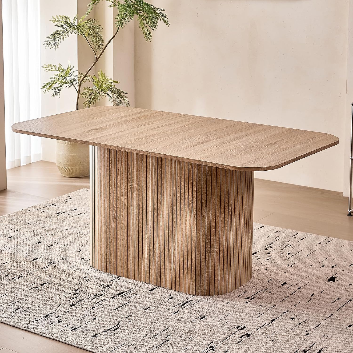 Large 63' Large Dining Table for 4 6, [Rounded Corners] [Grooved Pedestal Base] Modern Rectangle Kitchen Dinner Dining Living Room Table