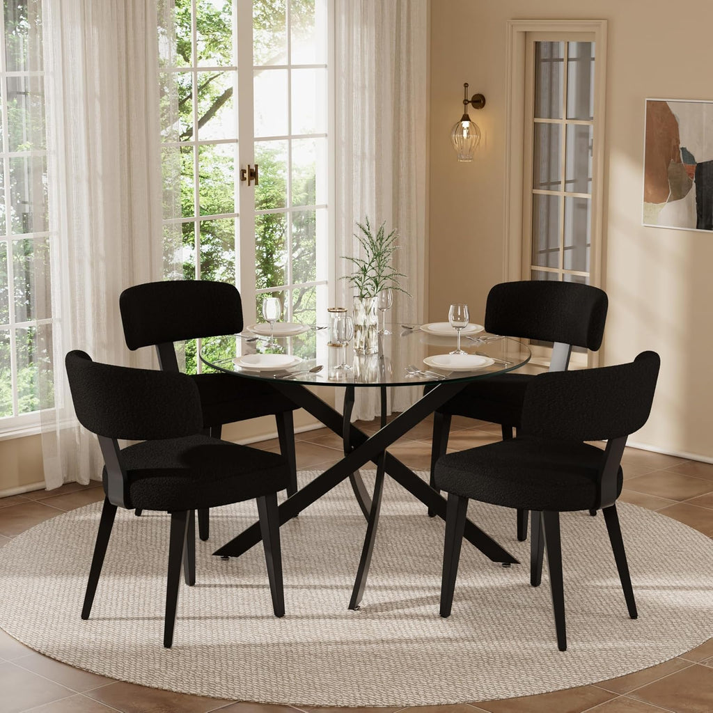 Small Dining Table Set for 4, 36' Round Kitchen Table with 4 Teddy Boucle Dining Chairs, Tempered Glass Top with Metal Legs(All Black)