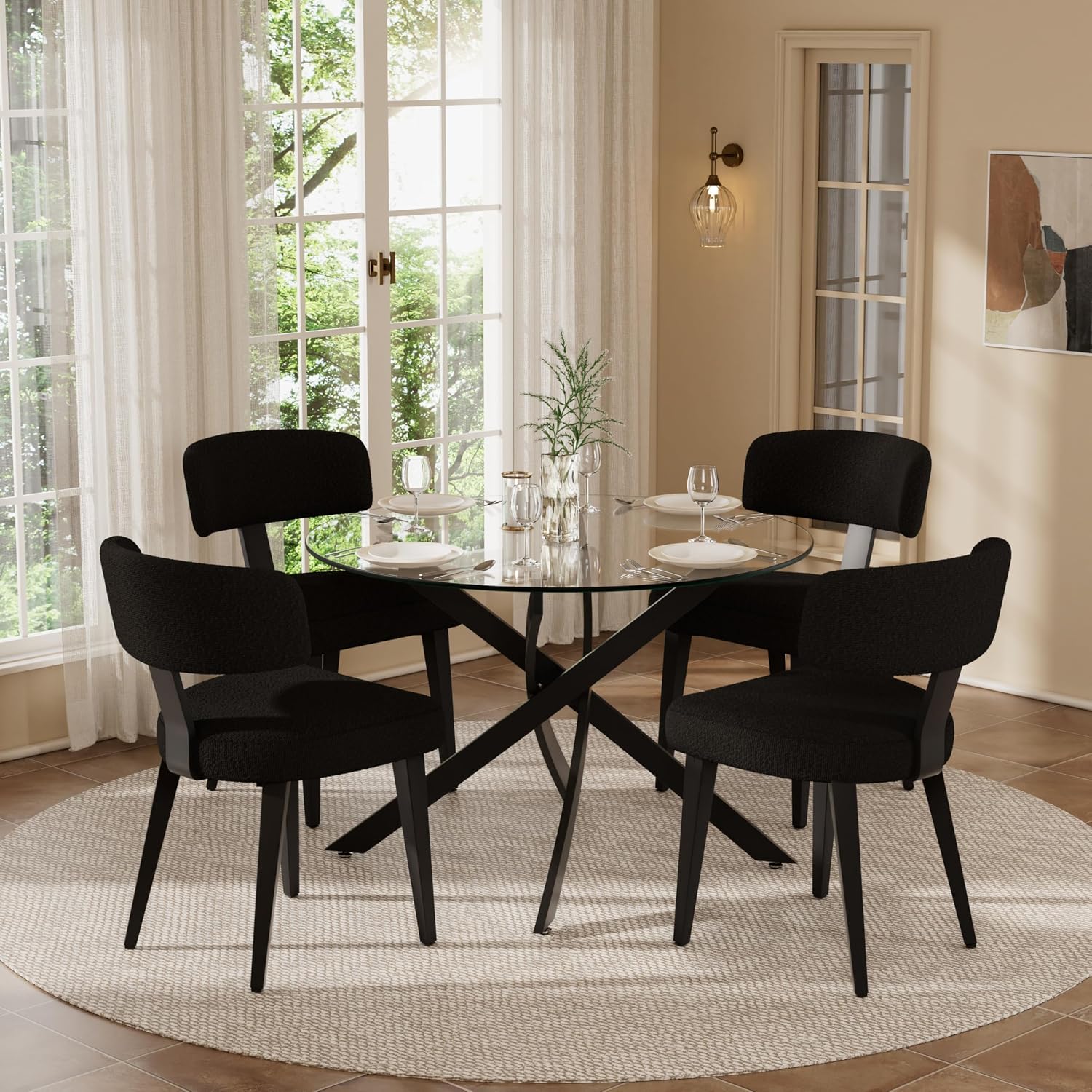 Small Dining Table Set for 4, 36' Round Kitchen Table with 4 Teddy Boucle Dining Chairs, Tempered Glass Top with Metal Legs(All Black)