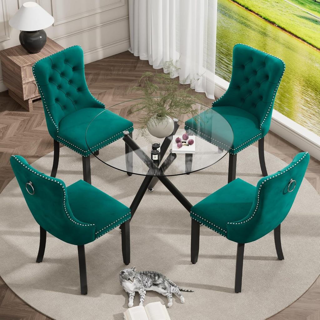 Modern Luxury Round Glass Dining Set for 4, 5 Pcs Small Minimalist Circle Kitchen Table Set, 36'' Clear Circular Glass Top Dinner Room Set, Green High-end Tufted Chairs, for Apartment (Black)