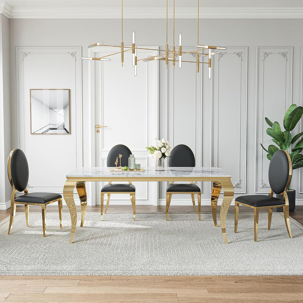AF ARTISAN FURNITURE Modern Marble Dining Table Set of 6-70' Faux Marble Kitchen Table with 6 Leather Chairs, White Marble Top & Gold Mirrored Stainless Steel Legs, 6 Pieces Black High Back Chairs