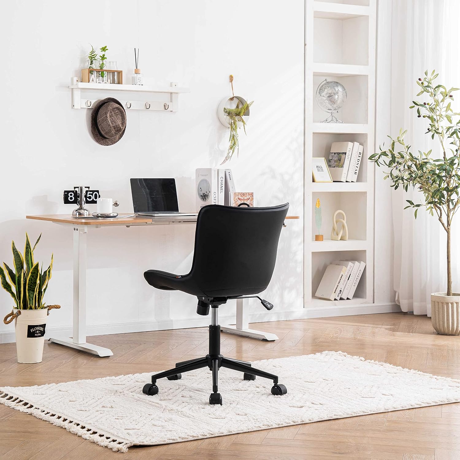 YOUNIKE Black Compact Home Office Desk Chair with Wheels Comfy Armless Cute Vanity Chair with Adjustable Rocking Back Modern Leather Upholstered Rolling Swivel Small Task Drafting Sewing Chair