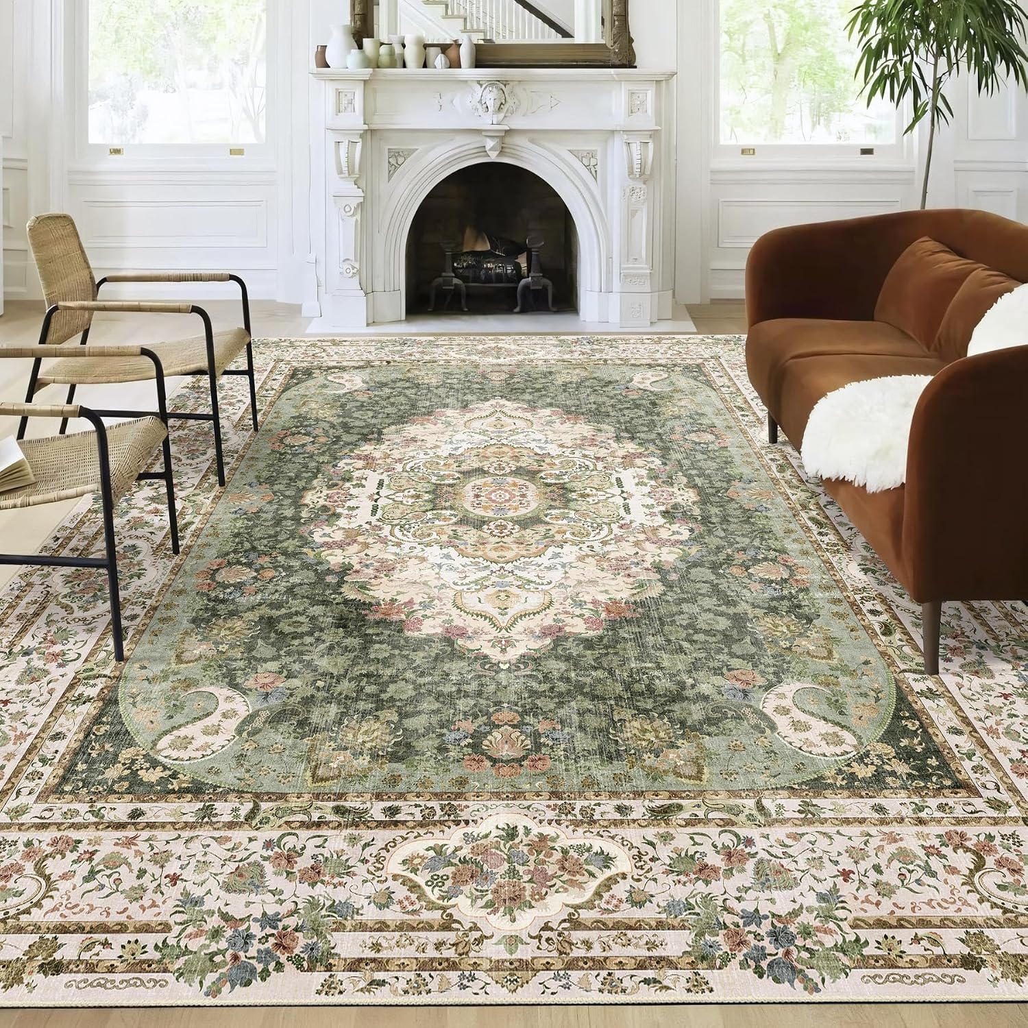 9x12 Area Rugs Washable,Green Rug for Living Room Bedroom Dining Room,Large Boho Vintage Bohemian Distressed Carpet Non Slip,Floral