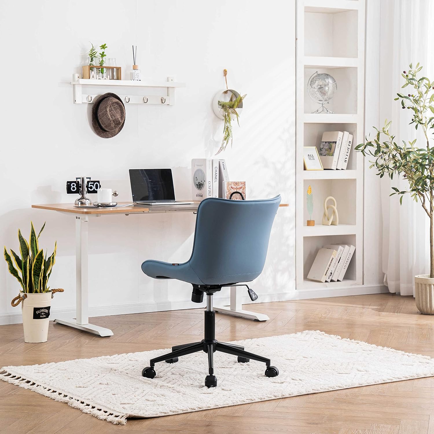 YOUNIKE Blue Office Desk Chair with Wheels Comfy Armless Vanity Chair with Back Modern Small Faux Leather Upholstered Rolling Task Chair Cute Computer Drafting Sewing Chair Swivel Adjustable Compact
