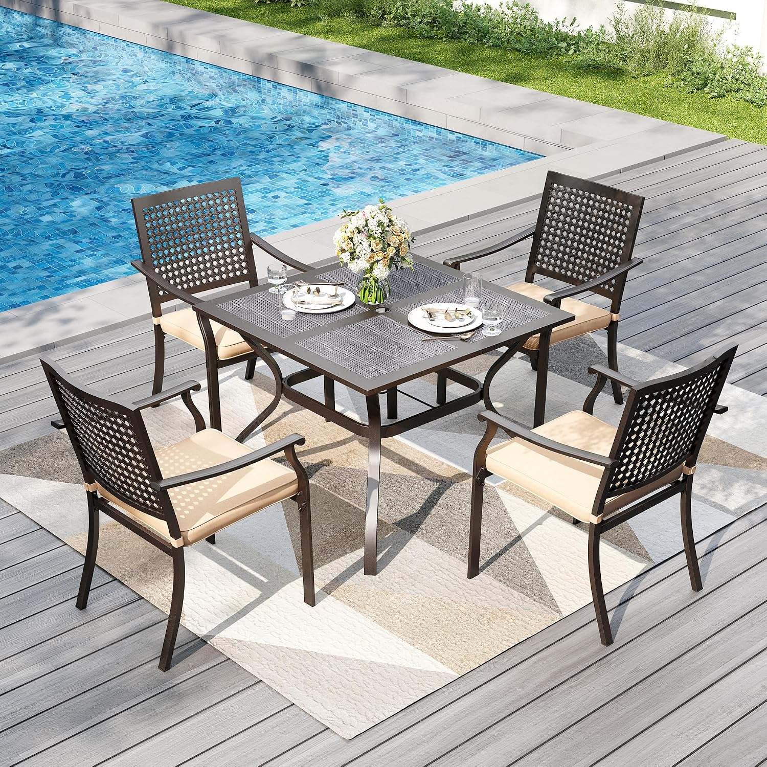 PHI VILLA 37 Inch Outdoor Dining Table Metal Steel Mesh Patio Dining Table Umbrella Table with 1.57' Umbrella Hole (Mesh)
