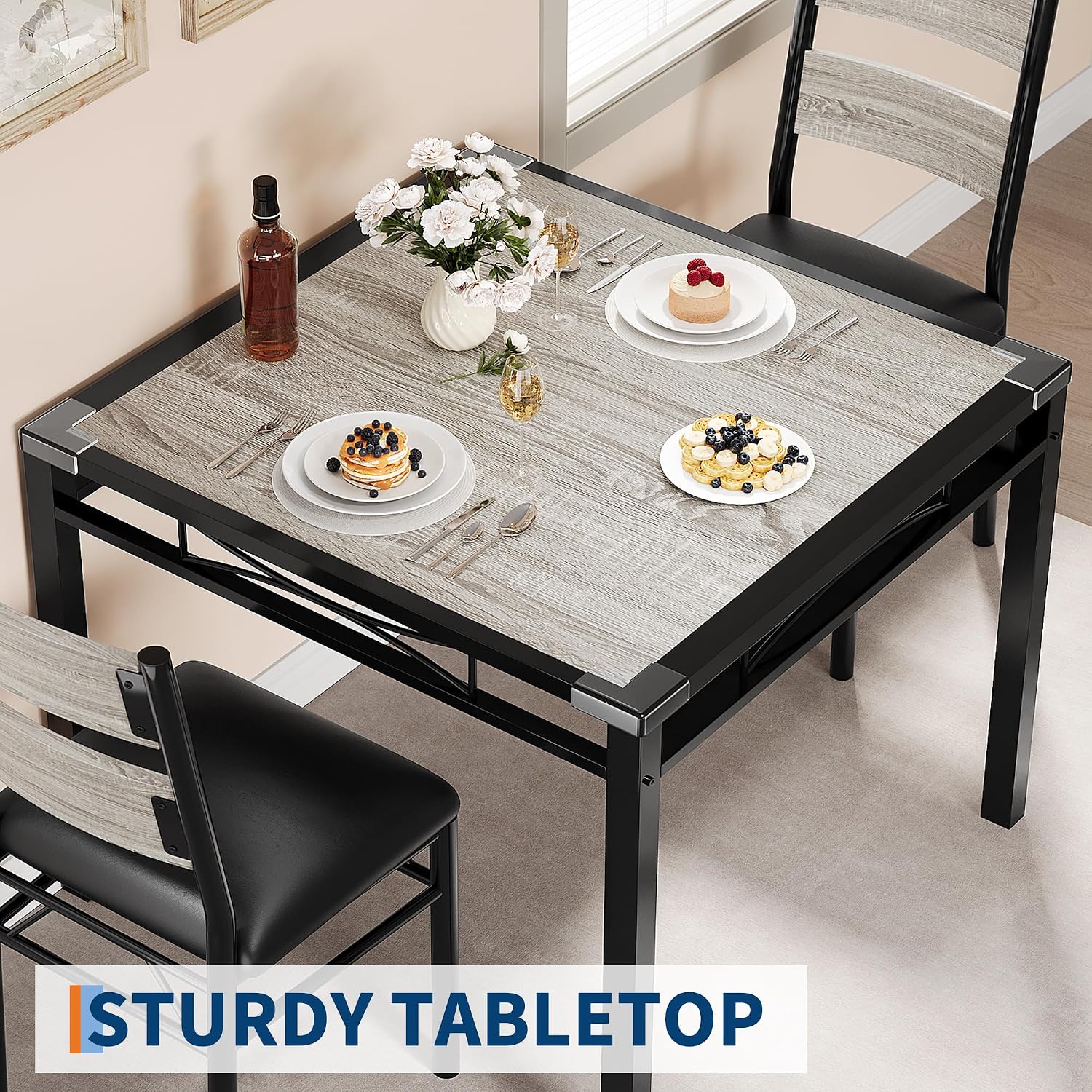 IDEALHOUSE Dining Table Set for 2 with Corner Protector, Dining Room Table Set for 2 with Upholstered Chairs, Wood Kitchen Table Chairs Set of 2, for Kitchen, Apartment, Retro Gary
