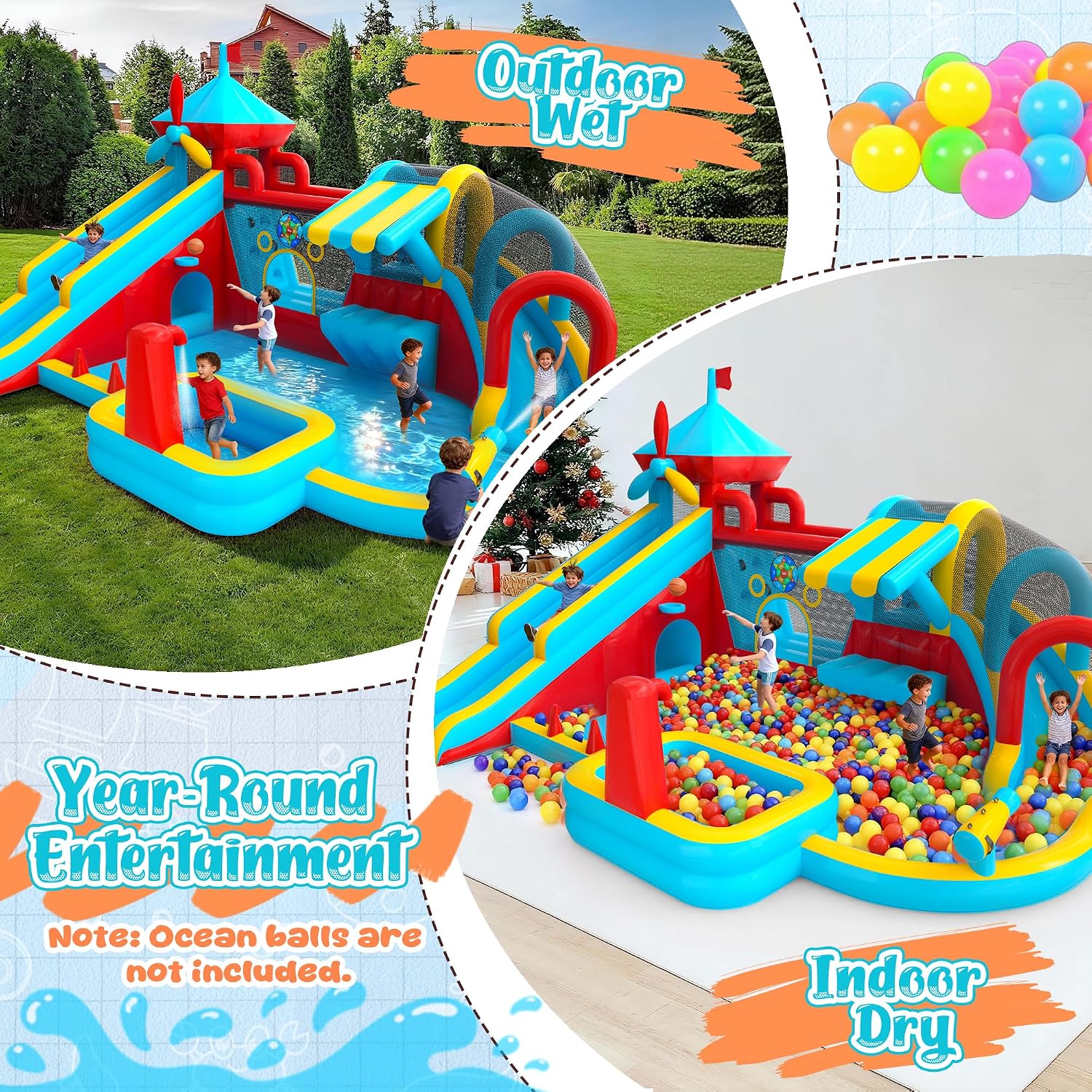 Water Bounce House for Big Kids 8-12, Double Water Slide Bounce House with 750W Blower, Toy Stand, Climbing Wall, Jumping, Water Gun, Splash Pool, Basketball Hoop for Indoor Outdoor Backyard